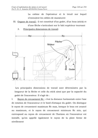 Cours d’exploitation des mines à ciel ouvert Page 144 sur 254 
Par Pr. Dr. Ir. Kamulete MUDIANGA Nsensu Pierre 
La cabine de l’opérateur et le treuil sur lequel 
s’enroulent les câbles de manoeuvre 
III. Organe de travail : il est constitué d’un godet, d’un bras (stick) et 
d’une flèche s’articulant sur le bâti supérieur tournant 
3. Principales dimensions de travail: 
Hd 
Rd Rc 
H 
g 
Moteur 
Stick 
Flèche 
Godet 
Les principales dimensions de travail sont déterminées par la 
longueur de la flèche et celle du stick ainsi que par la capacité du 
godet de l’excavateur. Il s’agit de : 
I. Rayon de creusement Rc : c’est la distance horizontale entre l’axe 
de rotation de l’excavateur et le bord d’attaque du godet. On distingue 
le rayon de creusement maximum Rc max, lorsque le bras est avancé 
au maximum, et le rayon de creusement minimum Rc min, qui 
correspond au rayon de creusement de l’horizon où l’excavateur est 
installé, qu’on appelle également le rayon de la plate forme de 
nivellement 
 