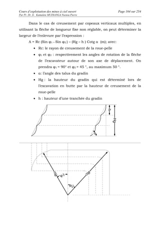 Cours d’exploitation des mines à ciel ouvert Page 164 sur 254 
Par Pr. Dr. Ir. Kamulete MUDIANGA Nsensu Pierre 
Dans le cas de creusement par copeaux verticaux multiples, en 
utilisant la flèche de longueur fixe non réglable, on peut déterminer la 
largeur de l’enlevure par l’expression : 
A = Rc (Sin φ1 + Sin φ2 ) – (Hg – h ) Cotg α (m); avec: 
· Rc: le rayon de creusement de la roue-pelle 
· φ1 et φ2 : respectivement les angles de rotation de la flèche 
de l’excavateur autour de son axe de déplacement. On 
prendra φ1 = 90° et φ2 = 45 °, au maximum 50 °. 
· α: l’angle des talus du gradin 
· Hg : la hauteur du gradin qui est déterminé lors de 
l’excavation en butte par la hauteur de creusement de la 
roue-pelle 
· h : hauteur d’une tranchée du gradin 
Rc 
Rc 
α 
Hg 
h 
 