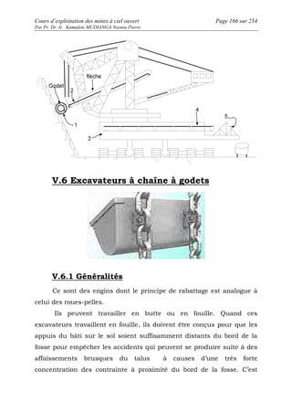 Cours d’exploitation des mines à ciel ouvert Page 166 sur 254 
Par Pr. Dr. Ir. Kamulete MUDIANGA Nsensu Pierre 
V.6 Excavateurs à chaîne à godets 
V.6.1 Généralités 
Ce sont des engins dont le principe de rabattage est analogue à 
celui des roues-pelles. 
Ils peuvent travailler en butte ou en fouille. Quand ces 
excavateurs travaillent en fouille, ils doivent être conçus pour que les 
appuis du bâti sur le sol soient suffisamment distants du bord de la 
fosse pour empêcher les accidents qui peuvent se produire suite à des 
affaissements brusques du talus à causes d’une très forte 
concentration des contrainte à proximité du bord de la fosse. C’est 
 