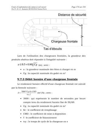 Cours d’exploitation des mines à ciel ouvert Page 174 sur 254 
Par Pr. Dr. Ir. Kamulete MUDIANGA Nsensu Pierre 
A 
Lors de l’utilisation des chargeuses frontales, la grandeur des 
produits abattus doit répondre à l’inégalité suivante : 
a £ 0.5+0.803 Cg (m) ; avec : 
· a : la grandeur maximale des blocs à charger en m 
· Cg : la capacité nominale du godet en m3 
V.7.3 Débit horaire d’une chargeuse frontale 
Le rendement horaire effectif d’une chargeuse frontale est calculé 
par la formule suivante : 
= 3000* Cg . Kr . CMD 
(m3/h) ; avec : 
tcy f 
D 
. 
· 3000 : qui représente le nombre de secondes par heure 
compte tenu du rendement horaire fixe de 50/60. 
· Cg : la capacité nominale du godet en m3 
· Kr : le coefficient de remplissage 
· CMD : le coefficient de mise à disposition 
· f : le coefficient de foisonnement 
· tcy : le temps de cycle de la chargeuse en s 
 