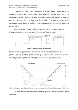 Cours d’exploitation des mines à ciel ouvert Page 18 sur 254 
Par Pr. Dr. Ir. Kamulete MUDIANGA Nsensu Pierre 
Les gradins qui reculent au cours d’exploitation à ciel ouvert sont 
appelés gradins en exploitation. Les gradins autres que ceux en 
exploitations sont limités par des plates formes étroites dont la largeur 
est de 20 à 50 % de la hauteur du gradin. Ces plates formes sont 
destinées à améliorer la stabilité des talus et on les appelle banquettes 
de sécurité. 
Une partie de l’enlevure limitée en longueur par des moyens 
d’abattage et de chargement indépendant s’appelle bloc. 
Figure 7. Schéma d'un bloc d'exploitation 
D’une carrière quelconque ou mine à ciel ouvert, l’ensemble des 
gradins en exploitation constitue en général une vaste excavation dont 
la configuration générale est représentée par la figure suivante : 
Figure 8. Coupe verticale d'une mine à ciel ouvert montrant certains éléments fondamentaux à ciel ouvert 
La plate forme inférieure du dernier gradin s’appelle le fond de la 
carrière. 
 