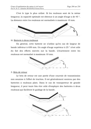 Cours d’exploitation des mines à ciel ouvert Page 204 sur 254 
Par Pr. Dr. Ir. Kamulete MUDIANGA Nsensu Pierre 
C’est le type le plus utilisé. Si les rouleaux sont de la même 
longueur, la capacité optimale est obtenue à un angle d’auge α de 45 °. 
La distance entre les rouleaux est normalisée à maximum 10 mm. 
iii. Batterie à deux rouleaux 
En général, cette batterie ne s’utilise qu’en cas de largeur de 
bande inférieur à 650 mm. Un angle d’auge supérieur à 25 ° n’est utile 
du fait des efforts exercés sur la bande. L’écartement entre les 
rouleaux est normalisé à maximum 10 mm. 
3. Brin de retour 
Le brin de retour est une partie d’une courroie de transmission 
non soumise à l’effort de traction. Il est généralement soutenu par des 
batteries à rouleaux plats. Dans le cas de transporteur de grande 
longueur, il peut toute fois être utile d’employer des batteries à deux 
rouleaux qui facilitent le guidage de la bande. 
α = 10 à 15 ° 
 
