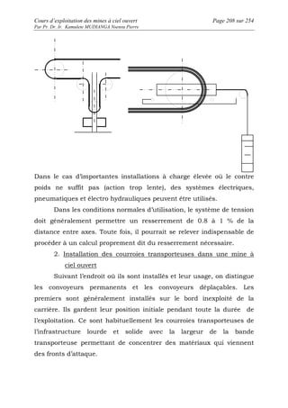 Cours d’exploitation des mines à ciel ouvert Page 208 sur 254 
Par Pr. Dr. Ir. Kamulete MUDIANGA Nsensu Pierre 
Dans le cas d’importantes installations à charge élevée où le contre 
poids ne suffit pas (action trop lente), des systèmes électriques, 
pneumatiques et électro hydrauliques peuvent être utilisés. 
Dans les conditions normales d’utilisation, le système de tension 
doit généralement permettre un resserrement de 0.8 à 1 % de la 
distance entre axes. Toute fois, il pourrait se relever indispensable de 
procéder à un calcul proprement dit du resserrement nécessaire. 
2. Installation des courroies transporteuses dans une mine à 
ciel ouvert 
Suivant l’endroit où ils sont installés et leur usage, on distingue 
les convoyeurs permanents et les convoyeurs déplaçables. Les 
premiers sont généralement installés sur le bord inexploité de la 
carrière. Ils gardent leur position initiale pendant toute la durée de 
l’exploitation. Ce sont habituellement les courroies transporteuses de 
l’infrastructure lourde et solide avec la largeur de la bande 
transporteuse permettant de concentrer des matériaux qui viennent 
des fronts d’attaque. 
 