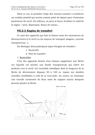 Cours d’exploitation des mines à ciel ouvert Page 231 sur 254 
Par Pr. Dr. Ir. Kamulete MUDIANGA Nsensu Pierre 
Dans ce cas, la première étape des travaux consiste à constituer 
un remblai primitif qui servira comme point de départ pour l’extension 
postérieure du terril. Par ailleurs, on peut se forcer d’utiliser le relief de 
la région : ravin, dépression, flancs de coteau… 
VII.2.3 Engins de transfert 
Ce sont des appareils qui font la liaison entre les excavateurs de 
découvertures et le terril ou les moyens de transport (wagons, courroie 
transporteuse…). 
On distingue deux principaux types d’engins de transfert : 
1. Sauterelle 
2. Pont de transfert 
1. Sauterelles 
C’est des appareils formés d’un châssis supportant une flèche 
sur laquelle est montée une bande transporteuse qui relève les 
produits vers le terril. Cet ensemble métallique dont la longueur de la 
flèche de déversement dépasse 50 à 100 m, repose sur doubles 
chenilles semblables à celle de la roue-pelle. Au centre, on remarque 
une tourelle surmontée de deux mâts de support autour desquels 
peuvent pivoter la flèche. 
 
