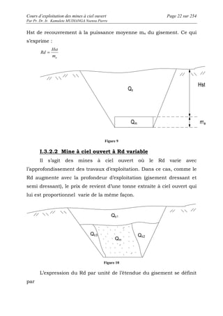 Cours d’exploitation des mines à ciel ouvert Page 22 sur 254 
Par Pr. Dr. Ir. Kamulete MUDIANGA Nsensu Pierre 
Hst de recouvrement à la puissance moyenne ma du gisement. Ce qui 
s’exprime : 
Hst 
a m 
Rd = 
Figure 9 
I.3.2.2 Mine à ciel ouvert à Rd variable 
Il s’agit des mines à ciel ouvert où le Rd varie avec 
l’approfondissement des travaux d’exploitation. Dans ce cas, comme le 
Rd augmente avec la profondeur d’exploitation (gisement dressant et 
semi dressant), le prix de revient d’une tonne extraite à ciel ouvert qui 
lui est proportionnel varie de la même façon. 
Figure 10 
L’expression du Rd par unité de l’étendue du gisement se définit 
par 
 