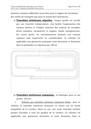 Cours d’exploitation des mines à ciel ouvert Page 67 sur 254 
Par Pr. Dr. Ir. Kamulete MUDIANGA Nsensu Pierre 
présente certaines difficultés aussi bien pour le régime de circulation 
des unités de transport que pour le travail des excavateurs. 
a) Tranchées intérieures séparées : chaque gradin est accédé 
par une tranchée indépendante, cela facilite l’organisation des 
travaux miniers et l’emploi rationnel des moyens de transport 
divers (camions, locomotives et wagons, bande transporteuse). 
En contre partie, les investissements destinés aux travaux 
capitaux sont importants ou considérables. Le schéma est 
applicable aux gisements puissants semi dressants et dressants 
dont la profondeur ne dépasse pas 100 m. 
b) Tranchées intérieures communes : on distingue pour ce cas 
quatre d’accès : 
i. Schéma par tranchée intérieure commune droite : pour ce 
schéma, la tranchée intérieure commune se trouve sur les bords 
inexploités de la carrière. Dans ce cas, une seule tranchée inclinée 
permet d’accéder à tous les gradins de la carrière. Ce schéma est 
applicable aux gisements dressants et semi dressants dont la 
 