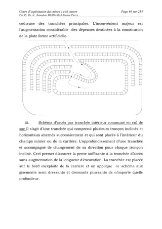Cours d’exploitation des mines à ciel ouvert Page 69 sur 254 
Par Pr. Dr. Ir. Kamulete MUDIANGA Nsensu Pierre 
coûteuse des tranchées principales. L’inconvénient majeur est 
l’augmentation considérable des dépenses destinées à la constitution 
de la plate forme artificielle. 
iii. Schéma d’accès par tranchée intérieur commune en cul de 
sac Il s’agit d’une tranchée qui comprend plusieurs tronçon inclinés et 
horizontaux alternés successivement et qui sont placés à l’intérieur du 
champs minier ou de la carrière. L’approfondissement d’une tranchée 
et accompagné de changement de sa direction pour chaque tronçon 
incliné. Ceci permet d’assurer la pente suffisante à la tranchée d’accès 
sans augmentation de la longueur d’excavation. La tranchée est placée 
sur le bord inexploité de la carrière et on applique ce schéma aux 
gisements semi dressants et dressants puissants de n’importe quelle 
profondeur. 
 