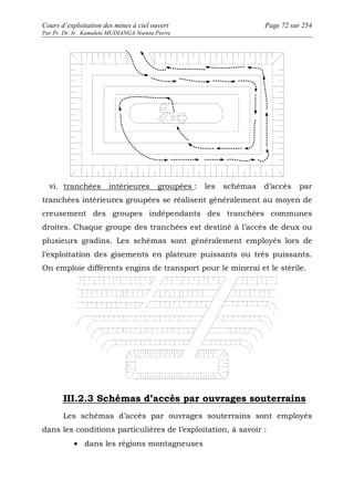 Cours d’exploitation des mines à ciel ouvert Page 72 sur 254 
Par Pr. Dr. Ir. Kamulete MUDIANGA Nsensu Pierre 
vi. tranchées intérieures groupées : les schémas d’accès par 
tranchées intérieures groupées se réalisent généralement au moyen de 
creusement des groupes indépendants des tranchées communes 
droites. Chaque groupe des tranchées est destiné à l’accès de deux ou 
plusieurs gradins. Les schémas sont généralement employés lors de 
l’exploitation des gisements en plateure puissants ou très puissants. 
On emploie différents engins de transport pour le minerai et le stérile. 
III.2.3 Schémas d’accès par ouvrages souterrains 
Les schémas d’accès par ouvrages souterrains sont employés 
dans les conditions particulières de l’exploitation, à savoir : 
· dans les régions montagneuses 
 