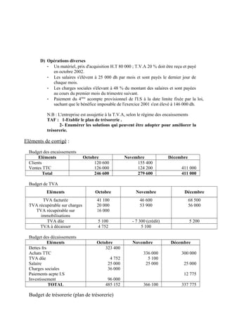 D) Opérations diverses 
- Un matériel, prix d'acquisition H.T 80 000 ; T.V.A 20 % doit être reçu et payé 
en octobre 2002. 
- Les salaires s'élèvent à 25 000 dh par mois et sont payés le dernier jour de 
chaque mois. 
- Les charges sociales s'élevant à 48 % du montant des salaires et sont payées 
au cours du premier mois du trimestre suivant. 
- Paiement du 4ème acompte provisionnel de l'I.S à la date limite fixée par la loi, 
sachant que le bénéfice imposable de l'exercice 2001 s'est élevé à 146 000 dh. 
N.B : L'entreprise est assujettie à la T.V.A, selon le régime des encaissements 
TAF : 1-Etablir le plan de trésorerie . 
2- Enumérer les solutions qui peuvent être adopter pour améliorer la 
trésorerie. 
Eléments de corrigé : 
Budget des encaissements 
Eléments Octobre Novembre Décembre 
Clients 
Ventes TTC 
120 600 
126 000 
155 400 
124 200 411 000 
Total 246 600 279 600 411 000 
Budget de TVA 
Eléments Octobre Novembre Décembre 
TVA facturée 
TVA récupérable sur charges 
TVA récupérable sur 
immobilisations 
41 100 
20 000 
16 000 
46 600 
53 900 
68 500 
56 000 
TVA dûe 5 100 - 7 300 (crédit) 5 200 
TVA à décaisser 4 752 5 100 
Budget des décaissements 
Eléments Octobre Novembre Décembre 
Dettes frs 
Achats TTC 
TVA dûe 
Salaire 
Charges sociales 
Paiements acpte I.S 
Investissement 
323 400 
4 752 
25 000 
36 000 
96 000 
336 000 
5 100 
25 000 
300 000 
25 000 
12 775 
TOTAL 485 152 366 100 337 775 
Budget de trésorerie (plan de trésorerie) 
 