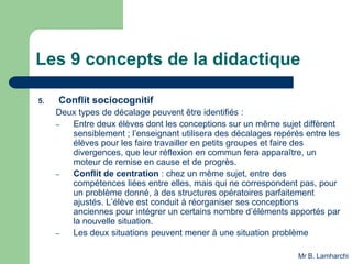 Les 9 concepts de la didactique
5. Conflit sociocognitif
Deux types de décalage peuvent être identifiés :
– Entre deux élèves dont les conceptions sur un même sujet diffèrent
sensiblement ; l’enseignant utilisera des décalages repérés entre les
élèves pour les faire travailler en petits groupes et faire des
divergences, que leur réflexion en commun fera apparaître, un
moteur de remise en cause et de progrès.
– Conflit de centration : chez un même sujet, entre des
compétences liées entre elles, mais qui ne correspondent pas, pour
un problème donné, à des structures opératoires parfaitement
ajustés. L’élève est conduit à réorganiser ses conceptions
anciennes pour intégrer un certains nombre d’éléments apportés par
la nouvelle situation.
– Les deux situations peuvent mener à une situation problème
Mr B. Lamharchi
 