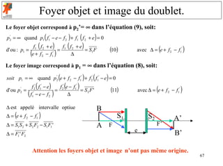 Foyer objet et image du doublet.
Le foyer objet correspond à p2’= ∞ dans l’équation (9), soit:
                               (
p2 = ∞ quand p1 f1' − e − f 2 + f1 f 2 + e = 0
 '
                                                       )        (       )
d' ou : p1 =
                           (
                   f1 f 2 + e     f
                                = 1 2
                                       )
                                      +e
                                         = S1 F
                                                       (f           )               (10)                      (
                                                                                            avec ∆ = e + f 2 − f1'           )
                  (
                  e + f 2 − f1'
                                    ∆      )
Le foyer image correspond à p1 = ∞ dans l’équation (8), soit:

                                               (
soit p1 = ∞ quand p2 e + f 2 − f1' + f 2' f1' − e = 0
                   '
                                                                    )   (       )
d' ou p = '
         ' f 2' f1' − e(=
                                   )
                          f 2' e − f1'
                                       = S2 F '
                                                   (        )                       (11)                  (
                                                                                                avec ∆ = e + f 2 − f1'   )
         2
              (
          f1 − e − f 2          ∆      )
∆ est appelé intervalle optiue                                              B
     (
∆ = e + f 2 − f1'          )                                                           S1            S2           A’
∆ = S1S 2 + S 2 F2 − S1 F1 '                                                A F                           F’
                                                                                            e                      B’
∆ = F1 ' F2


                      Attention les foyers objet et image n’ont pas même origine.
                                                                                                                                 67
 