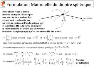 Formulation Matricielle du dioptre sphérique
                                                   n1           n2
Nous allons relier le rayon
                                                              I
incident au rayon réfracté par
une matrice de transfert. Les                     α                                                      α’          Axe optique
rayons sont représentés par            A              C      H S                                                    A’
un vecteur contenant l’angle optique n1α
et la distance IH. A la sortie du dioptre
le rayon réfracté est donné par un vecteur
contenant l’angle optique n2α’ et la distance IH. On a alors:

    y                                            y' 
   
I=        rayon incident avec y = IH et I = 
                                                  n α '  rayon incident avec y' = IH
                                                          
    n1α                                          2 
Dans l' approximation de Gauss on confondre H et S et on peut écrire : y = y' = -pα = − p 'α '
                                                                                 n 2 n1 n 2 − n1
En combinant ces realtion avec celles du dioptre sphèrique :                        - =
                                                                                 p' p       r
                 α 'n2       αn 1       n 2 − n1                          n 2 − n1
On obtient : -           +          =                d' où : n 2α ' = -            y + n1α ,     de plus y' = y
                   y          y             r                                 r
                y'          1
                           n 2 − n1
                                                   0  y   1
                                                                        0  y   1 
                                                                                                  0  y 
                                                                                                             Matrice
On en déduit : 
                n α ' =  -                               =             
                                                                             n α  =  − n 2             
                2  
                                                  1  n1α   - V
                                                                        1  1                1  n1α    de réfraction
                                r                                                     f'              
                                                                                                                       77
 