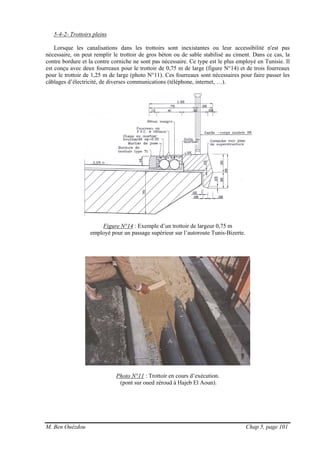 M. Ben Ouézdou Chap 5, page 101
5-4-2- Trottoirs pleins
Lorsque les canalisations dans les trottoirs sont inexistantes ou leur accessibilité n'est pas
nécessaire, on peut remplir le trottoir de gros béton ou de sable stabilisé au ciment. Dans ce cas, la
contre bordure et la contre corniche ne sont pas nécessaire. Ce type est le plus employé en Tunisie. Il
est conçu avec deux fourreaux pour le trottoir de 0,75 m de large (figure N°14) et de trois fourreaux
pour le trottoir de 1,25 m de large (photo N°11). Ces fourreaux sont nécessaires pour faire passer les
câblages d’électricité, de diverses communications (téléphone, internet, …).
Figure N°14 : Exemple d’un trottoir de largeur 0,75 m
employé pour un passage supérieur sur l’autoroute Tunis-Bizerte.
Photo N°11 : Trottoir en cours d’exécution.
(pont sur oued zéroud à Hajeb El Aoun).
 