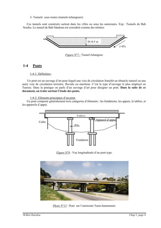 M.Ben Ouézdou Chap 1, page 8
H>0,5 m
i<4%
3- Tunnels sous routes (tunnels échangeurs)
Ces tunnels sont construits surtout dans les villes ou sous les autoroutes. Exp : Tunnels de Bab
Souika. Le tunnel de Bab Sâadoun est considéré comme des trémies.
Figure N°7 : Tunnel échangeur.
1-4 Ponts
1-4-1- Définition :
Un pont est un ouvrage d’art pour lequel une voie de circulation franchit un obstacle naturel ou une
autre voie de circulation terrestre, fluviale ou maritime. C’est le type d’ouvrage le plus employé en
Tunisie. Dans la pratique on parle d’un ouvrage d’art pour désigner un pont. Dans la suite de ce
document, on traite surtout l’étude des ponts.
1-4-2- Eléments principaux d’un pont.
Un pont comporte généralement trois catégories d’éléments : les fondations, les appuis, le tablier, et
les appareils d’appui.
Figure N°8 : Vue longitudinale d’un pont type.
Photo N°11 : Pont sur l’autoroute Tunis-hammamet.
Tablier
Pile
Fondation
Appareil d’appui
Culée
 