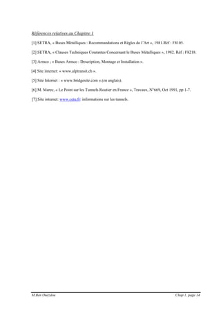 M.Ben Ouézdou Chap 1, page 14
Références relatives au Chapitre 1
[1] SETRA, « Buses Métalliques : Recommandations et Règles de l’Art », 1981.Réf : F8105.
[2] SETRA, « Clauses Techniques Courantes Concernant le Buses Métalliques », 1982. Réf : F8218.
[3] Armco ; « Buses Armco : Description, Montage et Installation ».
[4] Site internet: « www.alptransit.ch ».
[5] Site Internet : « www.bridgesite.com ».(en anglais).
[6] M. Marec, « Le Point sur les Tunnels Routier en France », Travaux, N°669, Oct 1991, pp 1-7.
[7] Site internet: www.cetu.fr: informations sur les tunnels.
 