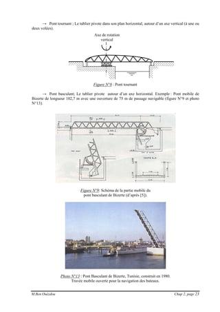 M.Ben Ouézdou Chap 2, page 23
Axe de rotation
vertical
→ Pont tournant ; Le tablier pivote dans son plan horizontal, autour d’un axe vertical (à une ou
deux volées).
Figure N°8 : Pont tournant
→ Pont basculant; Le tablier pivote autour d’un axe horizontal. Exemple : Pont mobile de
Bizerte de longueur 102,7 m avec une ouverture de 75 m de passage navigable (figure N°9 et photo
N°13).
Figure N°9: Schéma de la partie mobile du
pont basculant de Bizerte (d’après [5]).
Photo N°13 : Pont Basculant de Bizerte, Tunisie, construit en 1980.
Travée mobile ouverte pour la navigation des bateaux.
 
