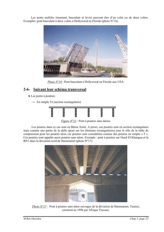 M.Ben Ouézdou Chap 2, page 25
Les ponts mobiles (tournant, basculant et levis) peuvent être d’un volet ou de deux volets.
Exemples: pont basculant à deux volets à Hollywood en Floride (photo N°16).
Photo N°16 : Pont basculant à Hollywood en Floride aux USA.
2-6- Suivant leur schéma transversal
♦ Les ponts à poutres;
→ En simple Té (section rectangulaire)
Figure N°11 : Pont à poutres sans talons.
Les poutres dans ce cas sont en Béton Armé. A priori, ces poutres sont en section rectangulaire
mais comme une partie de la dalle (posé sur les éléments rectangulaires) joue le rôle de la table de
compression pour les poutres alors ces poutres sont considérées comme des poutres en simple « T ».
Ces poutres sont appelés aussi poutres sans talon. Exemple : pont à poutres sur Oued El Khangua et la
RN1 dans la déviation nord de Hammamet (photo N°17).
Photo N°17 : Pont à poutres sans talon ouvrages de la déviation de Hammamet, Tunisie,
construit en 1998 par Afrique Travaux.
 
