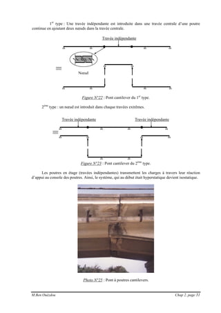 M.Ben Ouézdou Chap 2, page 31
Nœud
1er
type : Une travée indépendante est introduite dans une travée centrale d’une poutre
continue en ajoutant deux nœuds dans la travée centrale.
Figure N°22 : Pont cantilever du 1er
type.
2ème
type : un nœud est introduit dans chaque travées extrêmes.
Figure N°23 : Pont cantilever du 2ème
type.
Les poutres en étage (travées indépendantes) transmettent les charges à travers leur réaction
d’appui au console des poutres. Ainsi, le système, qui au début était hyperstatique devient isostatique.
Photo N°25 : Pont à poutres cantilevers.
Travée indépendante Travée indépendante
Travée indépendante
 