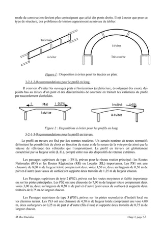 ______________________________________________________________________________________
M. Ben Ouézdou Chap 3, page 52
Très biais
à éviter Très courbe
mode de construction devient plus contraignant que celui des ponts droits. Il est à noter que pour ce
type de structure, des problèmes de torsion apparaissent au niveau du tablier.
Figure 1 : Disposition à éviter pour les tracées en plan.
3-2-1-2-Recommandations pour le profil en long.
Il convient d’éviter les ouvrages plats et horizontaux (architecture, écoulement des eaux), des
points bas au milieu d’un pont et des discontinuités de courbure en traitant les variations du profil
par raccordement clothoîdes.
Plat
à éviter
i 0,5%i Incliné i>5%
à éviter
Figure 2 : Dispositions à éviter pour les profils en long.
3-2-1-3-Recommandations pour le profil en travers.
Le profil en travers est fixé par des normes routières. Un certain nombre de textes normatifs
délimitent les possibilités de choix en fonction du statut et de la nature de la voie portée ainsi que la
vitesse de référence des véhicules qui l’emprunteront. Le profil en travers est globalement
caractérisé par sa largeur utile (L.U.), compté entre nus des dispositifs de retenue extrêmes.
Les passages supérieurs de type 1 (PS1), prévus pour le réseau routier principal : les Routes
Nationales (RN) et les Routes Régionales (RR) ou Locales (RL) importantes. Les PS1 ont une
chaussée de 8,00 m de largeur totale comprenant deux voies 3,50 m, deux surlargeurs de 0,50 m de
part et d’autre (caniveaux de surface) et supporte deux trottoirs de 1,25 m de largeur chacun.
Les Passages supérieurs de type 2 (PS2), prévus sur les routes moyennes et faible importance
ou sur les pistes principales. Les PS2 ont une chaussée de 7,00 m de largeur totale comprenant deux
voies 3,00 m, deux surlargeurs de 0,50 m de part et d’autre (caniveaux de surface) et supporte deux
trottoirs de 0,75 m de largeur chacun.
Les Passages supérieurs de type 3 (PS3), prévus sur les pistes secondaires d’intérêt local ou
les chemins ruraux. Les PS3 ont une chaussée de 4,50 m de largeur totale comprenant une voie 4,00
m, deux surlargeurs de 0,25 m de part et d’autre (fils d’eau) et supporte deux trottoirs de 0,75 m de
largeur chacun.
à éviter
 