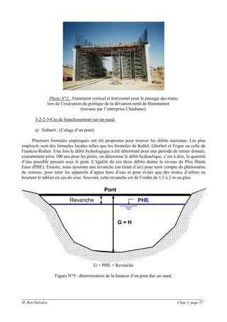 ______________________________________________________________________________________
M. Ben Ouézdou Chap 3, page 57
Photo N°2 : Etaiement vertical et horizontal pour le passage des trains
lors de l’exécution du portique de la déviation nord de Hammamet
(travaux par l’entreprise Châabane).
3-2-2-3-Cas de franchissement sur un oued.
a) Gabarit : (Calage d’un pont).
Plusieurs formules empiriques ont été proposées pour trouver les débits maximas. Les plus
employés sont des formules locales telles que les formules de Kallel, Ghorbel et Frigui ou celle de
Frankou-Rodier. Une fois le débit hydrologique a été déterminé pour une période de retour donnée,
couramment prise 100 ans pour les ponts, on détermine le débit hydraulique, c’est à dire, la quantité
d’eau possible passant sous le pont. L’égalité de ces deux débits donne le niveau du Plus Haute
Eaux (PHE). Ensuite, nous ajoutons une revanche (un tirant d’air) pour tenir compte du phénomène
du remous, pour tenir les appareils d’appui hors d’eau et pour éviter que des troncs d’arbres ne
heurtent le tablier en cas de crue. Souvent, cette revanche est de l’ordre de 1,5 à 2 m ou plus.
G = PHE + Revanche
Figure N°9 : détermination de la hauteur d’un pont dur un oued.
Pont
PHERevanche
G = H
 