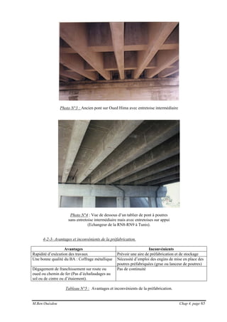M.Ben Ouézdou Chap 4, page 65
Photo N°3 : Ancien pont sur Oued Hima avec entretoise intermédiaire
Photo N°4 : Vue de dessous d’un tablier de pont à poutres
sans entretoise intermédiaire mais avec entretoises sur appui
(Echangeur de la RN8-RN9 à Tunis).
4-2-3- Avantages et inconvénients de la préfabrication.
Avantages Inconvénients
Rapidité d’exécution des travaux Prévoir une aire de préfabrication et de stockage
Une bonne qualité du BA : Coffrage métallique Nécessité d’emploi des engins de mise en place des
poutres préfabriquées (grue ou lanceur de poutres)
Dégagement de franchissement sur route ou
oued ou chemin de fer (Pas d’échafaudages au
sol ou de cintre ou d’étaiement).
Pas de continuité
Tableau N°5 : Avantages et inconvénients de la préfabrication.
 