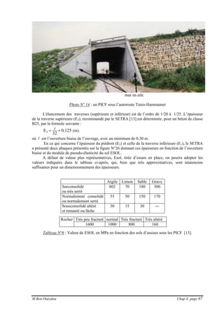M.Ben Ouézdou Chap 4, page 87
mur en aile
Photo N° 14 : un PICF sous l’autoroute Tunis-Hammamet
L'élancement des traverses (supérieure et inférieur) est de l’ordre de 1/20 à 1/25. L’épaisseur
de la traverse supérieure (E3), recommandé par le SETRA [13] est déterminée, pour un béton de classe
B25, par la formule suivante :
125,0
32
E3 += l (m).
où l est l’ouverture biaise de l’ouvrage, avec un minimum de 0,30 m.
En ce qui concerne l’épaisseur du piédroit (E2) et celle de la traverse inférieure (E1), le SETRA
a présenté deux abaques présentés sur la figure N°26 donnant ces épaisseurs en fonction de l’ouverture
biaise et du module de pseudo-élasticité du sol ESOL.
A défaut de valeur plus représentatives, Esol, tirée d’essais en place, on pourra adopter les
valeurs indiquées dans le tableau ci-après, qui, bien que très approximatives, sont néanmoins
suffisantes pour un dimensionnement des épaisseurs.
Argile Limon Sable Grave
Surconsolidé
ou très serré
802 70 180 300
Normalement consolidé
ou normalement serré
55 50 150 170
Sousconsolidé altéré
et remanié ou lâche
30 15 30 ---
Très peu fracturé normal Très fracturé Très altéréRocher
1600 1000 800 160
Tableau N°6 : Valeur de ESOL en MPa en fonction des sols d’assises sous les PICF [13].
 