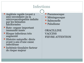 Infections 
Asplénie rapide (avant 2 
ans) secondaire au la 
microvasculopathie induite 
par les hématies 
falciformées 
Rate: organe important 
immunité innée 
Risque infectieux très 
augmenté 
Histoire naturelle: décès 
avant 5 ans d’une cause 
infectieuse 
Ischémie tissulaire facteur 
de risque majeur 
Pneumocoque 
Méningocoque 
Salmonelle 
Paludisme 
ORACILLINE 
VACCINS 
FIEVRE ATTENTION 
 