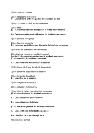 1) Les droits du locataire
2) Les obligations du locataire
C – Les relations entre les parties à l’expiration du bail
1) Les conditions du droit au renouvellement
2) Les effets
§2 – Les autres éléments composant le fonds de commerce
A – Examen analytique des éléments du fonds de commerce
1) Les éléments incorporels
2) Les éléments corporels
B – L’examen synthétique des éléments du fonds de commerce
1) Le fonds de commerce, une universalité
2) Le fonds de commerce, meuble incorporel
Section 2 : Les contrats portant sur le fonds de commerce
§1 – La cession du fonds de commerce
A – Les conditions de validité de la cession
1) Conditions générales de validité des contrats
2) Les conditions spéciales de la cession
3) Les formalités de publicité
B – Les effets de la cession
1) Les obligations du vendeur
2) Les obligation de l’acquéreur
3) Les effets à l’égard des créanciers du vendeur
§2 – Le nantissement du fonds de commerce
A – Le nantissement conventionnel
B – Le nantissement judiciaire
§3 – La location-gérance du fonds de commerce
A – Les conditions de la location-gérance
B – Les effets de la location-gérance
1) En cours de contrat
 