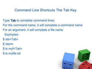 Command Line Shortcuts The Tab Key
Type TabTab to complete command lines:
For the command name, it will complete a command name
For an argument, it will complete a file name
Examples:
$ xte<Tab>
$ xterm
$ ls myf<Tab>
$ ls myfile.txt
 