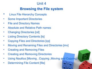 Unit 4
Browsing the File system
• Linux File Hierarchy Concepts
• Some Important Directories
• File and Directory Names
• Absolute and Relative Path names
• Changing Directories [cd]
• Listing Directory Contents [ls]
• Copying Files and Directories [cp]
• Moving and Renaming Files and Directories [mv]
• Creating and Removing Files
• Creating and Removing Directories
• Using Nautilus [Moving , Copying ,Moving and Copying]
• Determining File Content [file]
 