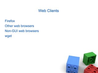 Web Clients
Firefox
Other web browsers
Non-GUI web browsers
wget
 