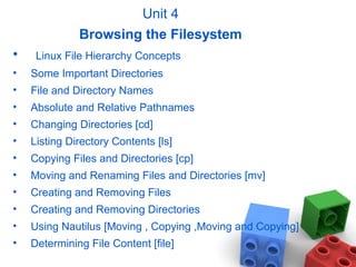 Unit 4
Browsing the Filesystem
• Linux File Hierarchy Concepts
• Some Important Directories
• File and Directory Names
• Absolute and Relative Pathnames
• Changing Directories [cd]
• Listing Directory Contents [ls]
• Copying Files and Directories [cp]
• Moving and Renaming Files and Directories [mv]
• Creating and Removing Files
• Creating and Removing Directories
• Using Nautilus [Moving , Copying ,Moving and Copying]
• Determining File Content [file]
 