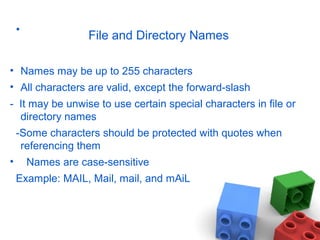 File and Directory Names
• Names may be up to 255 characters
• All characters are valid, except the forward-slash
- It may be unwise to use certain special characters in file or
directory names
-Some characters should be protected with quotes when
referencing them
• Names are case-sensitive
Example: MAIL, Mail, mail, and mAiL
•
 
