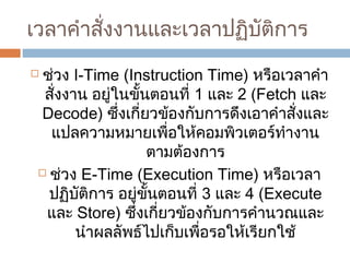 เวลำคำำสั่งงำนและเวลำปฏิบัติกำร 
 ช่วง I-Time (Instruction Time) หรือเวลำคำำ 
สั่งงำน อยู่ในขั้นตอนที่ 1 และ 2 (Fetch และ 
Decode) ซึ่งเกี่ยวข้องกับกำรดึงเอำคำำสั่งและ 
แปลควำมหมำยเพื่อให้คอมพิวเตอร์ทำำงำน 
ตำมต้องกำร 
 ช่วง E-Time (Execution Time) หรือเวลำ 
ปฏิบัติกำร อยู่ขั้นตอนที่ 3 และ 4 (Execute 
และ Store) ซึ่งเกี่ยวข้องกับกำรคำำนวณและ 
นำำผลลัพธ์ไปเก็บเพื่อรอให้เรียกใช้ 
 