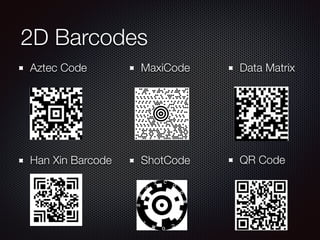 2D Barcodes
Aztec Code
ShotCode
MaxiCode Data Matrix
Han Xin Barcode QR Code
 
