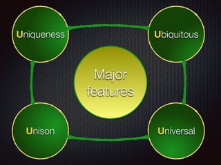 Major
features
Ubiquitous
UniversalUnison
Uniqueness
 