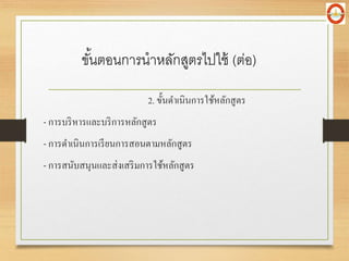 2. ขั้นดาเนินการใช้หลักสูตร
- การบริหารและบริการหลักสูตร
- การดาเนินการเรียนการสอนตามหลักสูตร
- การสนับสนุนและส่งเสริมการใช้หลักสูตร
ขั้นตอนการนาหลักสูตรไปใช้ (ต่อ)
 