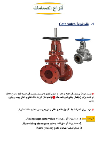 1-‫البوابة‬ ‫بلف‬Gate valve
#‫ممنوع‬ ‫لذلك‬ ‫المائع‬ ‫في‬ ‫للتحكم‬ ‫يستخدم‬ ‫ال‬ ‫و‬ ‫فقط‬ ‫العزل‬ ‫او‬ ‫الغلق‬ ‫و‬ ‫الفتح‬ ‫في‬ ‫يستخدم‬ ‫البوابة‬ ‫صمام‬‫ا‬‫غالقه‬
‫يكون‬ ‫ان‬ ‫يجب‬ ‫الغلق‬ ‫و‬ ‫الفتح‬ ‫لذلك‬ ‫البوابة‬ ‫تاكل‬ ‫لعدم‬ ) ‫مثال‬ ‫فتحة‬ ‫نص‬ ‫يتفتح‬ ‫(مينفعش‬ ‫جزئيا‬ ‫فتحه‬ ‫او‬
.‫كامل‬
#‫بس‬ ‫بطئ‬ ‫لكن‬ ‫و‬ ‫القفل‬ ‫و‬ ‫الفتح‬ ‫فيسهل‬ ‫ضعيف‬ ‫الطارة‬ ‫دوران‬ ‫عزم‬.‫كثيرة‬ ‫للفات‬ ‫احتياجه‬ ‫بب‬
‫أنواعه‬1-‫صاعد‬ ‫ساق‬ ‫ذو‬ ‫بوابة‬ ‫صمام‬Rising stem gate valve.
2-‫ثابت‬ ‫ساق‬ ‫ذو‬ ‫بوابة‬ ‫صمام‬Non-rising stem gate valve.
3-‫السكينة‬ ‫صمام‬Knife (Sluice) gate valve.
 