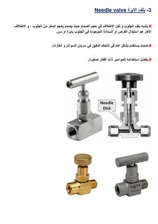 3-‫اال‬ ‫بلف‬‫برة‬valveNeedle
#‫االختالف‬ ‫و‬ ، ‫الجلوب‬ ‫من‬ ‫اصغر‬ ‫بحجم‬ ‫يصمم‬ ‫حيث‬ ‫الصمام‬ ‫حجم‬ ‫في‬ ‫االختالف‬ ‫لكن‬ ‫و‬ ‫الجلوب‬ ‫بلف‬ ‫يشبه‬
‫السدادة‬ ‫او‬ ‫القرص‬ ‫استبدال‬ ‫هو‬ ‫االخر‬.‫سن‬ ‫او‬ ‫بابرة‬ ‫الجلوب‬ ‫في‬ ‫الموجودة‬
#.‫الغازات‬ ‫و‬ ‫السوائل‬ ‫سريان‬ ‫في‬ ‫الدقيق‬ ‫التحكم‬ ‫في‬ ‫عام‬ ‫بشكل‬ ‫يستخدم‬ ‫صمام‬
#.‫صغيرة‬ ‫اقطار‬ ‫ذات‬ ‫للمواسير‬ ‫استخدامه‬ ‫يفضل‬
 