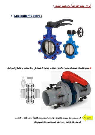 ‫بلف‬ ‫أنواع‬‫الشكل‬ ‫حيث‬ ‫من‬ ‫الفراشة‬:
Lug butterfly valve :-1
#‫فتحات‬ ‫له‬ ‫البلف‬ ‫جسم‬‫للربط‬‫يكونوا‬ ‫ما‬ ‫غالبا‬ ‫فالنجتين‬ ‫بين‬8‫ب‬ ‫لى‬ ‫فتحات‬8.‫لصواميل‬ ‫النحتاج‬ ‫و‬ ‫مسامير‬
‫مميزاته‬1-‫و‬ ‫فقط‬ ‫واحدة‬ ‫فالنجة‬ ‫ربط‬ ‫الممكن‬ ‫من‬ ‫الن‬ ‫؛‬ ‫الخطوط‬ ‫نهايات‬ ‫عند‬ ‫يستخدم‬.‫يضر‬ ‫ال‬
2-.‫كله‬ ‫الصمام‬ ‫فك‬ ‫دون‬ ‫الصيانة‬ ‫عند‬ ‫واحدة‬ ‫فالنجة‬ ‫فك‬ ‫يمكن‬
 