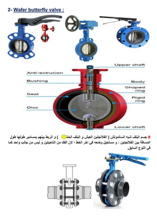 valve :Wafer butterfly-2
#‫ط‬ ‫بمسامير‬ ‫بينهم‬ ‫الربط‬ ‫و‬ ) ‫الحشو‬ ‫البلف‬ ‫و‬ ‫العيش‬ ‫الفالنجتين‬ ( ‫الساندوتش‬ ‫شبه‬ ‫البلف‬ ‫جسم‬‫وله‬‫طول‬ ‫ا‬
‫من‬ ‫ليس‬ ‫و‬ ‫الناحيتين‬ ‫من‬ ‫الفك‬ ‫الن‬ ‫؛‬ ‫الخط‬ ‫اخر‬ ‫في‬ ‫وضعه‬ ‫مستحيل‬ ‫و‬ ، ‫الفالنجتين‬ ‫بين‬ ‫المسافة‬‫واحد‬ ‫جانب‬‫كما‬
.‫السابق‬ ‫النوع‬ ‫في‬
 