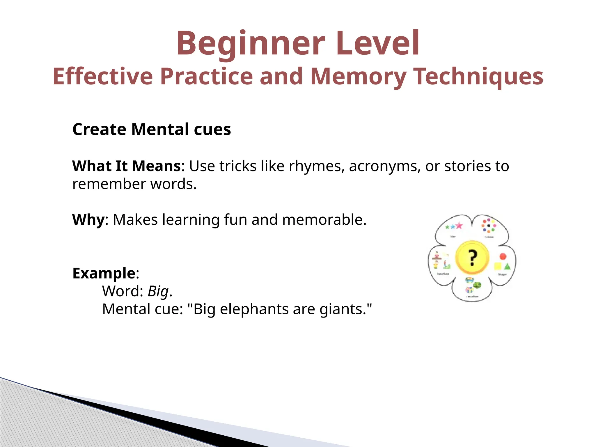 Create Mental cues
What It Means: Use tricks like rhymes, acronyms, or stories to
remember words.
Why: Makes learning fun and memorable.
Example:
Word: Big.
Mental cue: "Big elephants are giants."
Beginner Level
Effective Practice and Memory Techniques
 