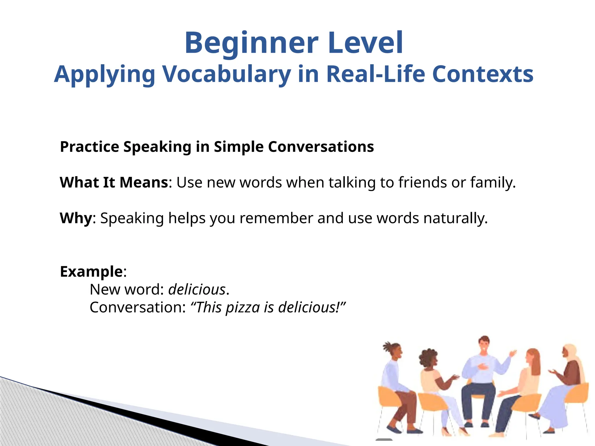 Beginner Level
Applying Vocabulary in Real-Life Contexts
Practice Speaking in Simple Conversations
What It Means: Use new words when talking to friends or family.
Why: Speaking helps you remember and use words naturally.
Example:
New word: delicious.
Conversation: “This pizza is delicious!”
 
