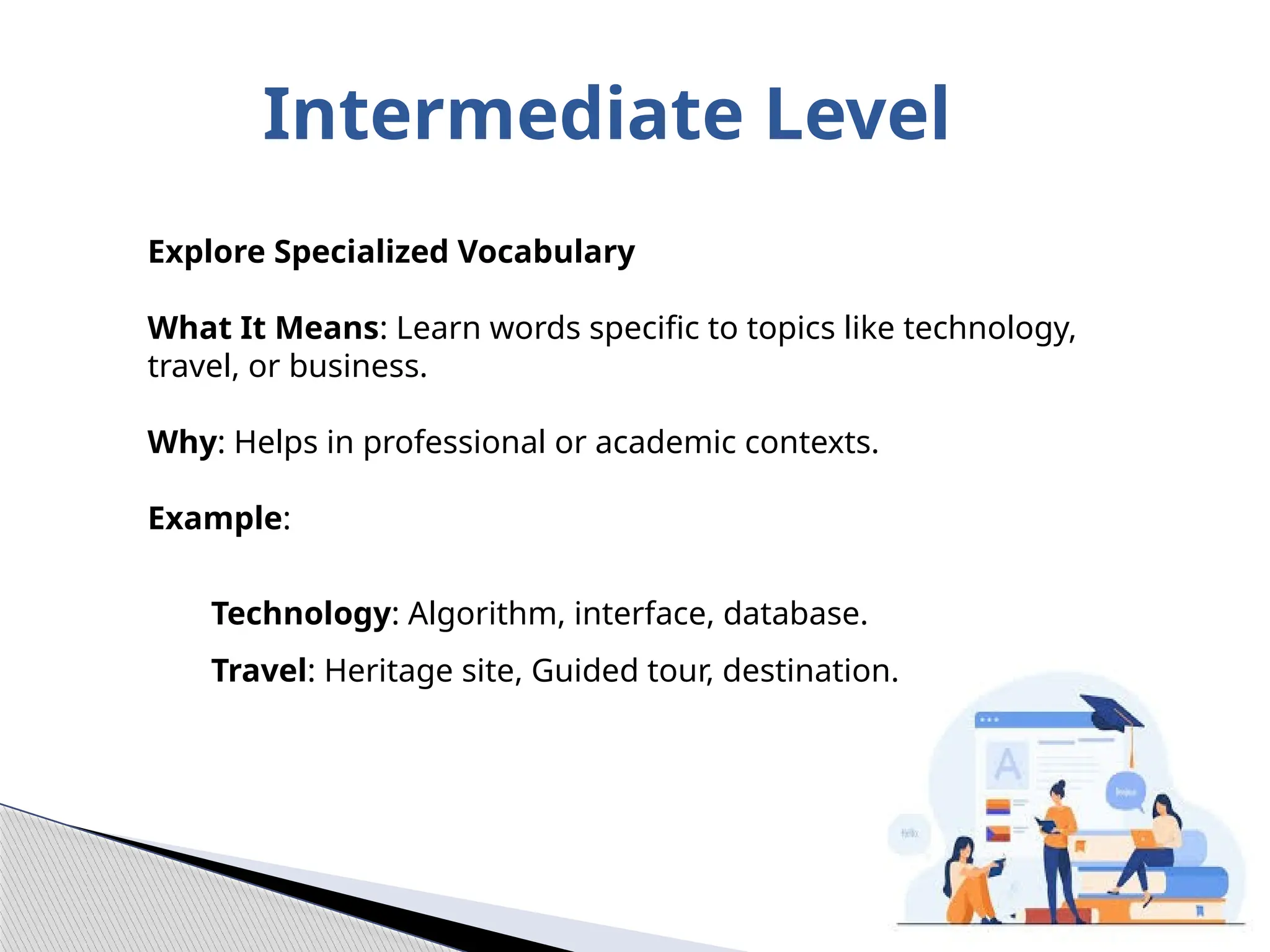 Intermediate Level
Explore Specialized Vocabulary
What It Means: Learn words specific to topics like technology,
travel, or business.
Why: Helps in professional or academic contexts.
Example:
Technology: Algorithm, interface, database.
Travel: Heritage site, Guided tour, destination.
 