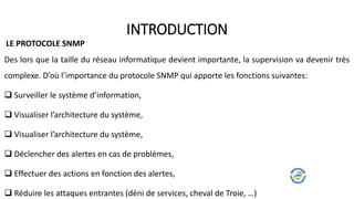Des lors que la taille du réseau informatique devient importante, la supervision va devenir très
complexe. D’où l’importance du protocole SNMP qui apporte les fonctions suivantes:
 Surveiller le système d’information,
 Visualiser l’architecture du système,
 Visualiser l’architecture du système,
 Déclencher des alertes en cas de problèmes,
 Effectuer des actions en fonction des alertes,
 Réduire les attaques entrantes (déni de services, cheval de Troie, …)
INTRODUCTION
LE PROTOCOLE SNMP
 