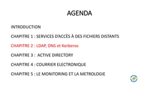 AGENDA
INTRODUCTION
CHAPITRE 1 : SERVICES D’ACCÈS À DES FICHIERS DISTANTS
CHAPITRE 2 : LDAP, DNS et Kerberos
CHAPITRE 3 : ACTIVE DIRECTORY
CHAPITRE 4 : COURRIER ELECTRONIQUE
CHAPITRE 5 : LE MONITORING ET LA METROLOGIE
 