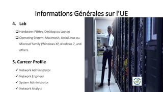 Informations Générales sur l’UE
4. Lab
 Hardware: PBHev, Desktop ou Laptop
 Operating System: Macintosh, Unix/Linux ou
Microsof family (Windows XP, windows 7, and
others.
5. Carreer Profile
 Network Administrator
 Network Engineer
 System Administrator
 Network Analyst
 
