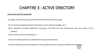 CHAPITRE 3 : ACTIVE DIRECTORY
STRUCTURE D’ACTIVE DIRECTORY
Les objets compris dans la structure de l'Active Directory sont de trois types:
 les ressources (poste de travail, imprimante, scanner, dossiers partagés, etc.)
 les utilisateurs (comptes individuels et groupes, c'est-à-dire des listes d'utilisateurs avec leurs droits et leurs
services)
 les services (courrier électronique,...).
Chacun des objets possède une identification unique et des attributs.
Un Active Directory permet de répertorier entre quelques centaines et plusieurs millions de ressources.
 