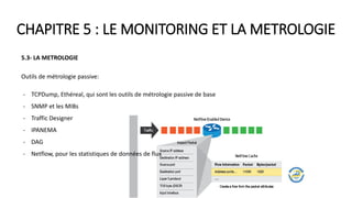 CHAPITRE 5 : LE MONITORING ET LA METROLOGIE
5.3- LA METROLOGIE
Outils de métrologie passive:
- TCPDump, Ethéreal, qui sont les outils de métrologie passive de base
- SNMP et les MIBs
- Traffic Designer
- IPANEMA
- DAG
- Netflow, pour les statistiques de données de flux
 