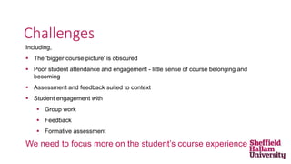 Including,
 The 'bigger course picture' is obscured
 Poor student attendance and engagement - little sense of course belonging and
becoming
 Assessment and feedback suited to context
 Student engagement with
 Group work
 Feedback
 Formative assessment
We need to focus more on the student’s course experience
Challenges
 